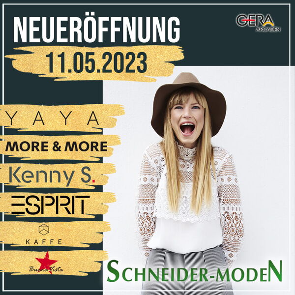 Modeanzeige für die Schneider-Moden Neueröffnung am 11.05.2023 mit einem Model.